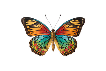 A hyper-detailed butterfly with symmetrical wings showcasing deep oranges, blues, and reds, its intricate patterns resembling stained glass, isolated on a transparent background