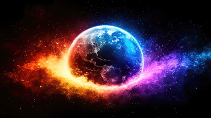 Enchanting cosmic scene with vibrant earth surrounded by colorful energy and celestial chaos