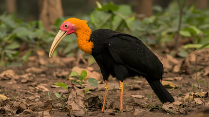 Fototapeta premium Orange-necked stork foraging in lush forest, leaf-litter ground, wildlife conservation
