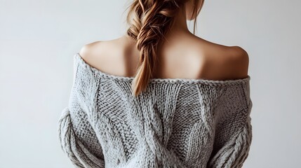 Chic Braided Beauty: A stylish woman, her back turned to the viewer, showcases a meticulously braided hairstyle complemented by an elegant sweater, radiating sophistication and modern allure.