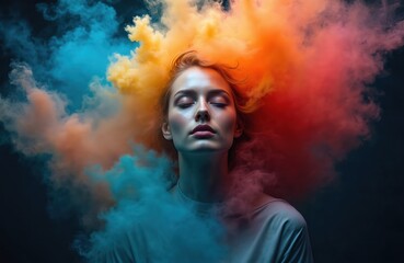 Dreamlike portrait of woman emerging from colorful dust cloud. Closed eyes, ethereal glow evoke mysterious mood. Fantasy meets reality in surreal, enchanting scene. Beauty, emotion blend. AI