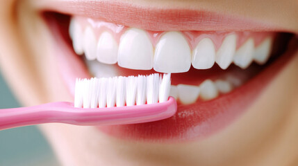 Obraz premium Healthy oral care routine concept featuring a smiling woman brushing teeth for dental health awareness and hygiene promotion