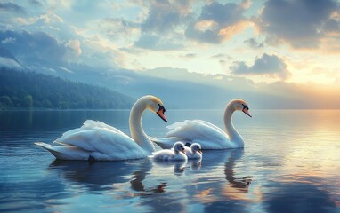 Naklejka premium Family Of Swans Gliding Across A Peaceful Lake