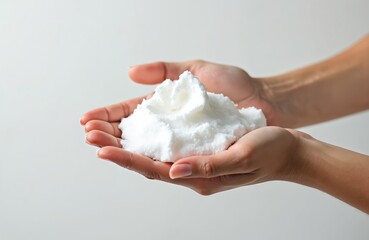 Female hands holding white cleanser foam texture on bright background. Skincare concept. Beauty product advertising. Presentation of bodycare soft skin routine. Applying moisturizing treatment for