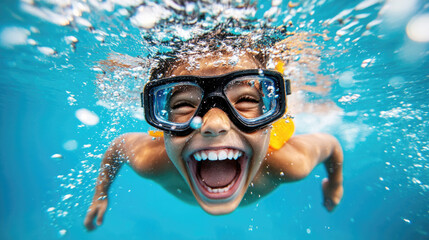 Fototapeta premium Joyful toddler learning to swim underwater in a blue pool for summer fun and water confidence