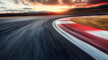 Fast-motion effect of an empty racetrack with a blurred background, symbolizing speed. Copy space in the sky.