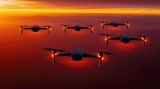 Evening aerial squadron of fpv drones navigating battlefield landscape at sunset