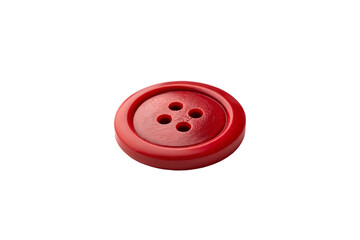 A round red plastic button with four holes. It has a matte finish, a slightly raised edge, and a smooth surface, isolated on a transparent background