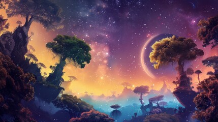Vibrant Fantasy Landscape with Cosmic Elements and Colorful Trees