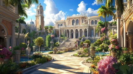 Grand European palace-style house with marble columns, a lavish garden, and elegant pathways. Open space for branding.