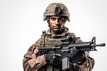 Indian Soldier in Uniform on White Background – Proud, Disciplined, and Brave Military Man Representing Strength, Leadership, and Commitment to Service in the Indian Army with Honor and Courage
