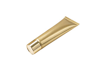A sleek gold-toned tube with a polished metallic cap, evoking luxury and elegance, likely containing premium skincare or beauty cream, isolated on a transparent background