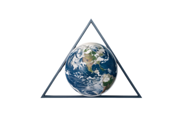 A spherical Earth suspended within a metallic triangular frame, blending geometric symbolism with planetary imagery, evoking themes of balance, structure, isolated on a transparent background