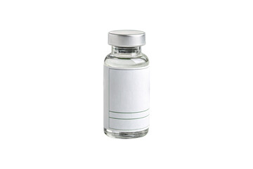 A sterile glass vial with a silver cap and minimal labeling. It holds a clear liquid, representing precision, lab environments, or pharmaceutical production, isolated on a transparent background