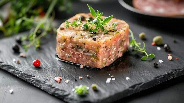 Delicate layers of aspic and p&acirc;t&eacute; rest on the dark slate, their textures enhanced by decorative herbs, leaving room for text or branding.