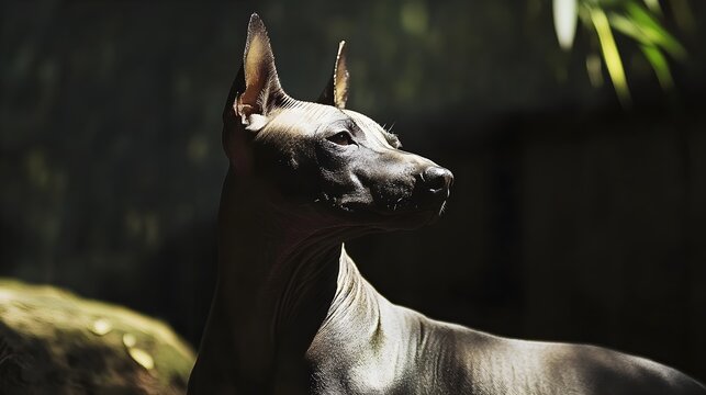 Xoloitzcuintli basking in the sunlight, its sleek hairless body soaking up the warmth.