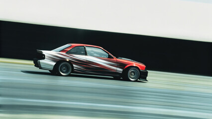 Fast red sports car with dynamic racing stripes in motion on track, showcasing speed and agility. sleek design emphasizes performance and excitement