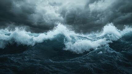 Obraz premium Dark and Stormy Ocean Waves Under Heavy Cloudy Sky with Powerful Energy of Nature Captured in Majestic Moment