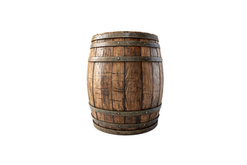A weathered wooden barrel stands upright, its metal bands rusted. Cracked wooden planks add character, evoking old cellars and the aging of fine liquors, isolated on a transparent background