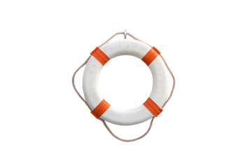 A white circular lifebuoy with four bold orange straps and a coiled rope, representing safety, rescue, and maritime preparedness against turbulent waters, isolated on a transparent background