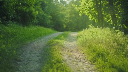 Fototapeta premium pathway through a lush green forest, sunlight filtering through the trees, tranquil and inviting,