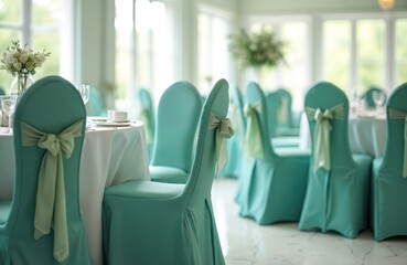 Elegantly decorated chairs with sea green sashes, table settings. Bright venue for wedding reception, banquet. Festive posh event ambience, white tablecloth glassware flower centrepiece create