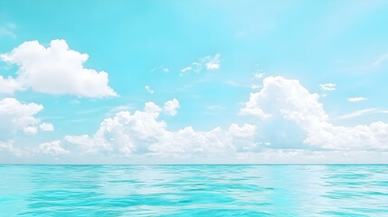 Obraz premium Serene tropical ocean, fluffy clouds, bright sky; idyllic summer vacation background
