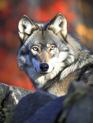 Fototapeta premium Close-up of Majestic Gray Wolf Looking at Camera in Autumn Setting