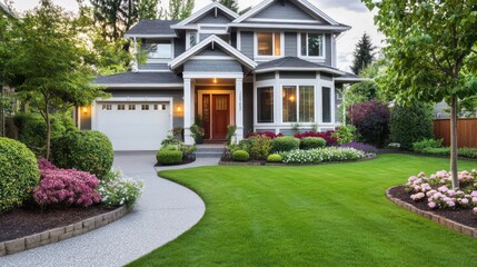 Naklejka premium Spacious suburban home with a perfectly maintained lawn, flowering bushes, and a welcoming entrance.