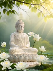 A serene and radiant marble statue of Lord Mahavir with lotus flowers