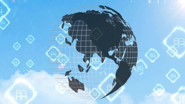 Animation of digital globe with 8G network symbols floating in blue sky