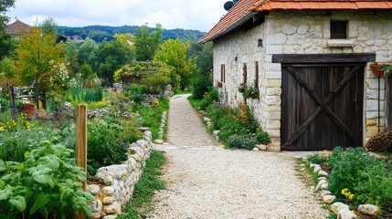 Naklejka premium Stone cottage with a small herb garden, rustic wooden gate, and a neatly arranged pathway. Copy space available.