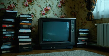 Vintage crt television blank static screen glowing faintly dimly lit retro living room surrounded old vhs tapes faded floral wallpaper