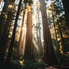 ancient forest with towering sequoia trees and dappled sunlight filtering through the leaves.