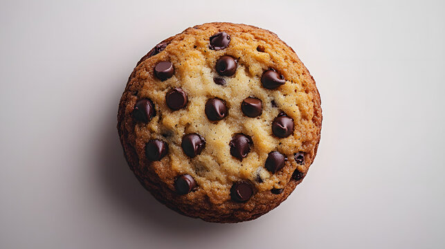 A highly detailed overhead shot of a freshly baked chocolate chip cookie, featuring a golden brown crust and melted chocolate chips