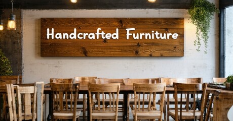 Wooden sign handcrafted furniture warm oak muted cream hanging rustic workshop softly glowing polished chairs tables