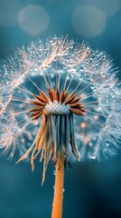 Dandelion seeds with water droplets reflecting light on teal background
