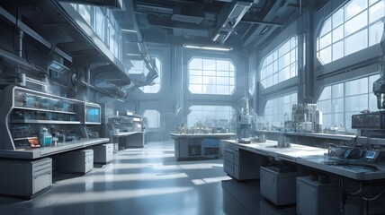 an interior view of a modern laboratory filled with scientific equipment and large windows