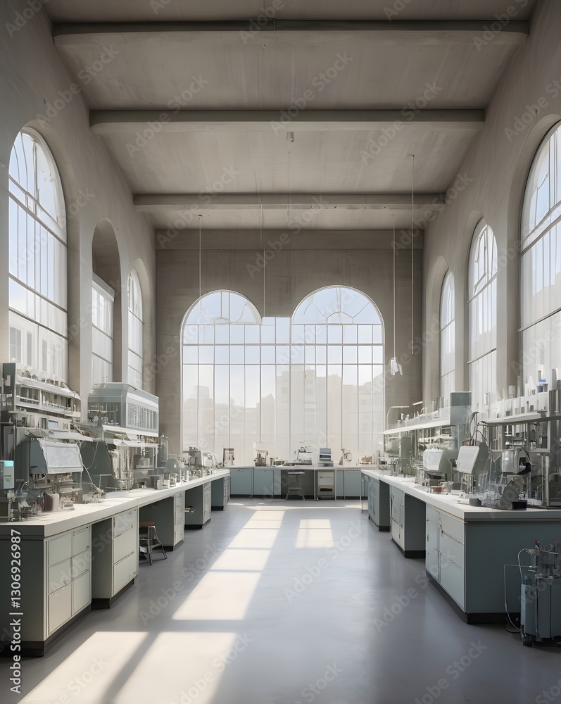 Poster a laboratory with rows of modern equipment, creating an atmosphere of scientific precision and innovation. Sunlight streams through the arched windows, illuminating the clean space