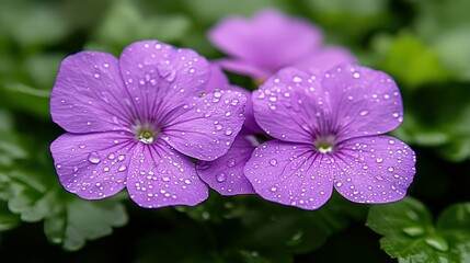 Obraz premium close-up of delicate purple blossoms with morning dew, soft natural light, detailed and serene,