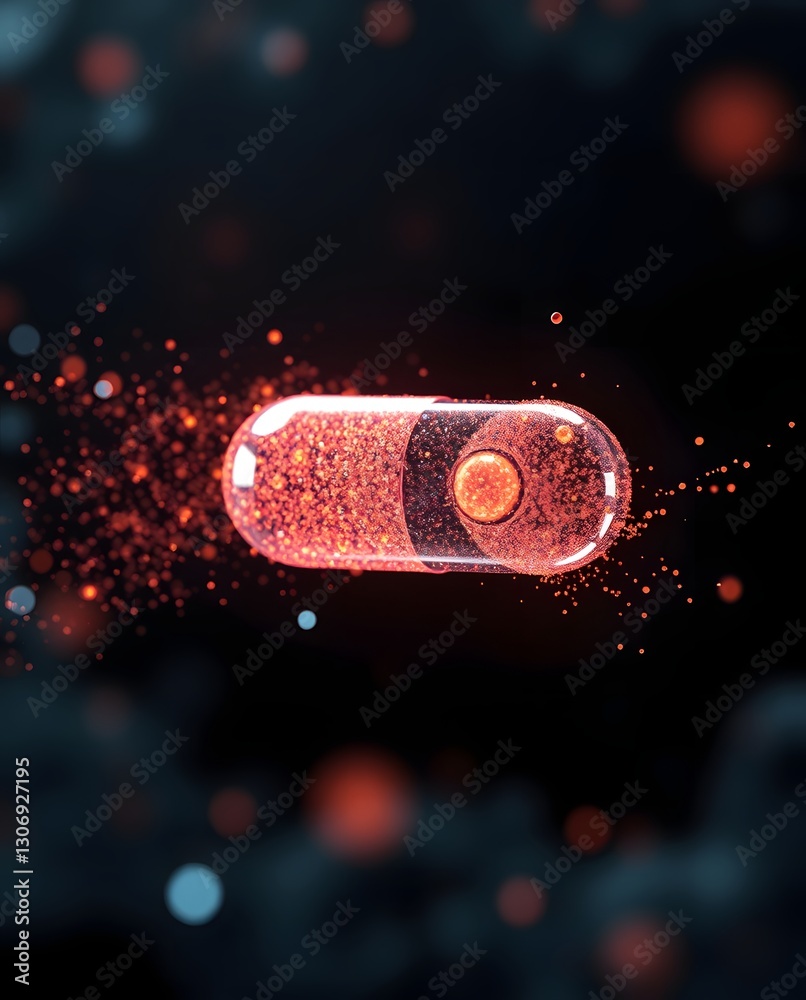 Poster a glowing pill with a unique design, surrounded by tiny particles, suggests a blend of science and medicine