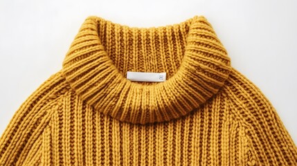 Cozy Warmth: A close-up shot of a meticulously knitted mustard-yellow sweater, its textured surface radiating warmth and comfort, perfectly embodies the essence of cold weather fashion.