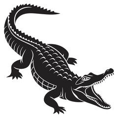 A high-contrast black silhouette of a crocodile against a white BACKGROUND VECTOR