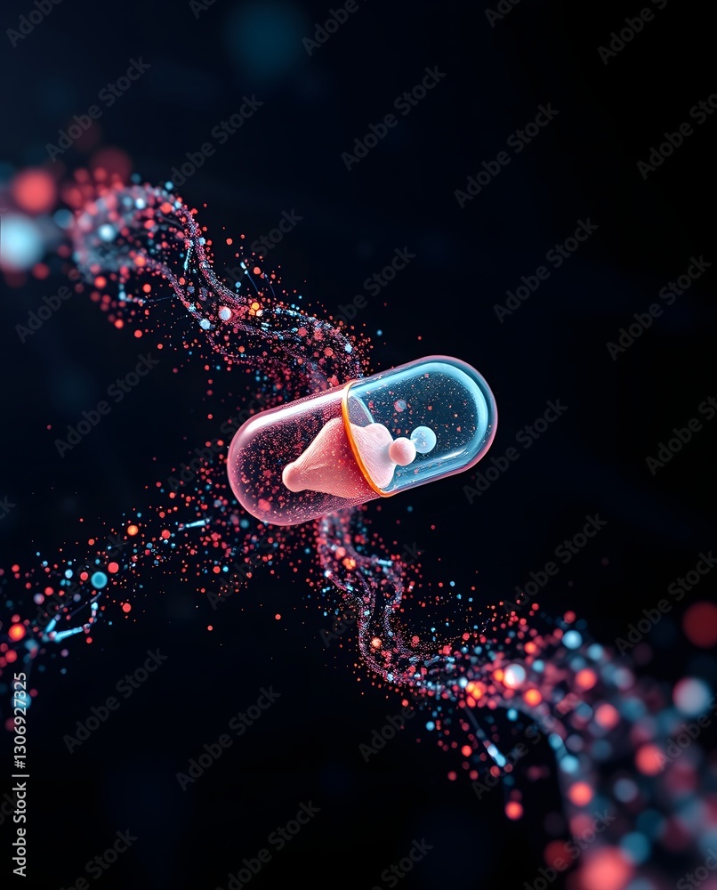 Poster a conceptual medical image of a capsule with a human body inside and a network of data points