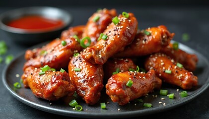 Fototapeta premium Close up of grilled sticky chicken wings with dark background. Glazed buffalo wings seasoned with sesame seeds, chives served on plate with sauce. Cooked poultry dish. Appetizing snack.