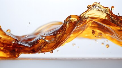 Amber liquid splash, flowing wave, white background, beverage advertising