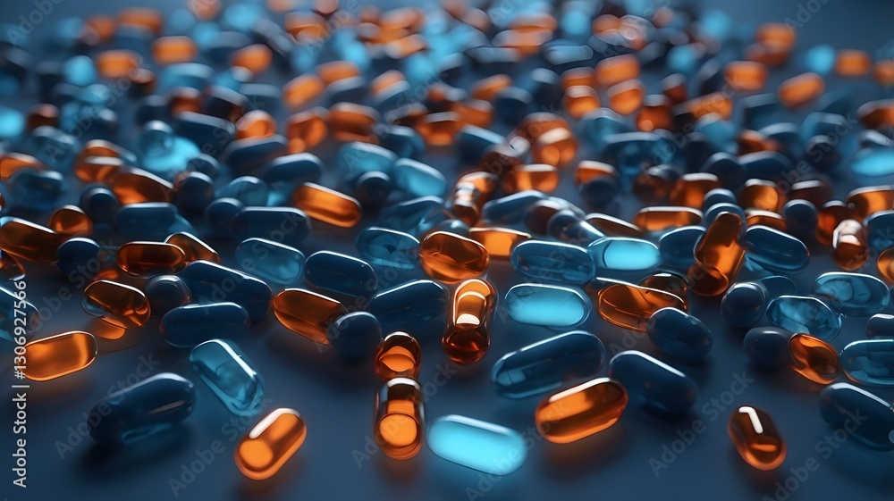Poster a collection of blue and orange pills scattered. pills are of different colors and shapes and there 