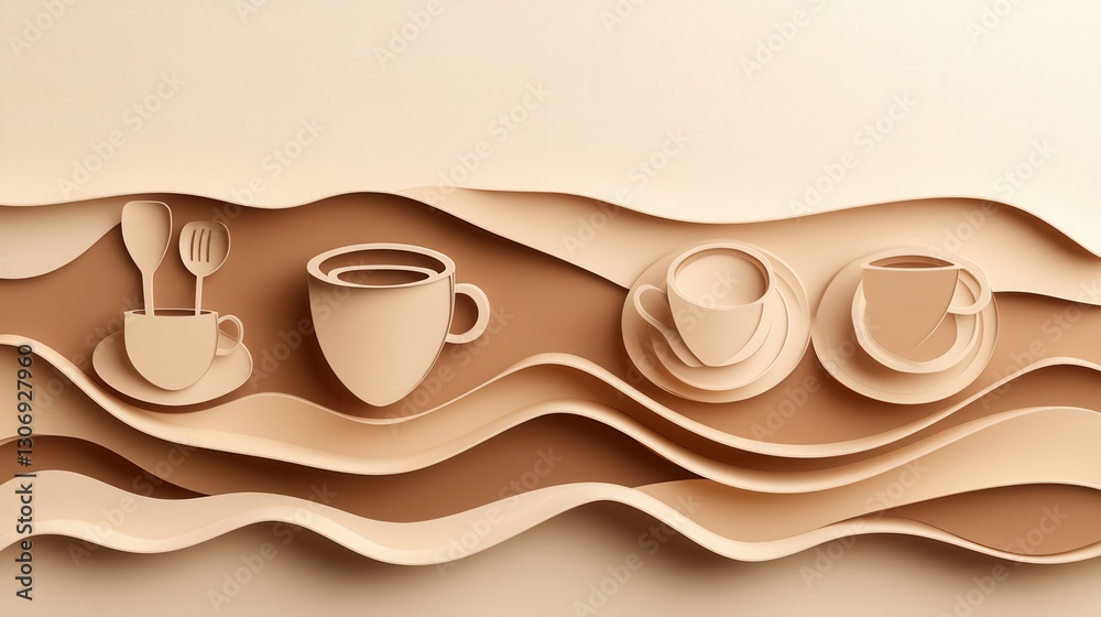 Aufkleber cozy paper art design featuring layered silhouettes of coffee cups and utensils with warm tones for 