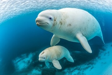 A baby beluga swimming closely beside its mother in clear, icy waters