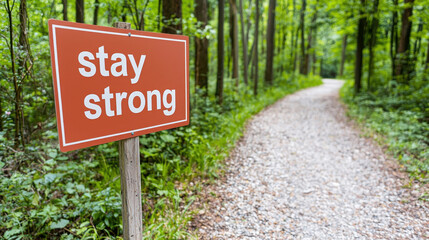 Stay strong motivational sign in lush forest with winding path. serene environment encourages resilience and positivity